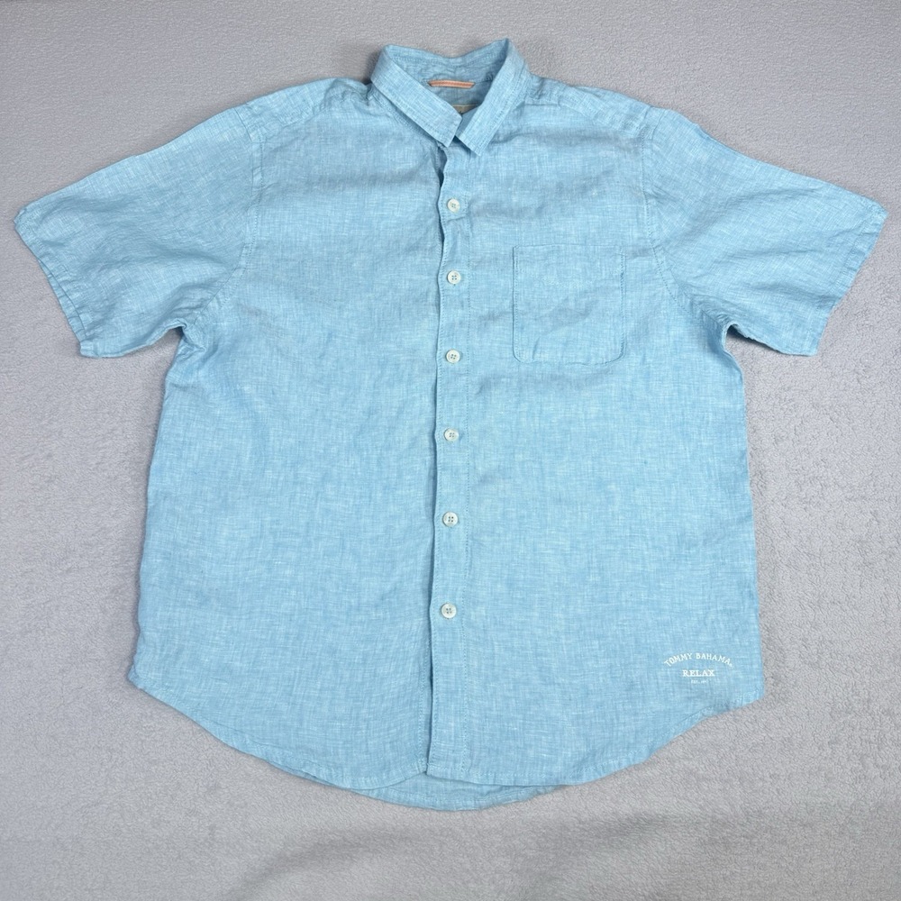 Tommy Bahama Shirt Mens Large Blue Teal Linen Button Up Relax Camp Lounge Casual